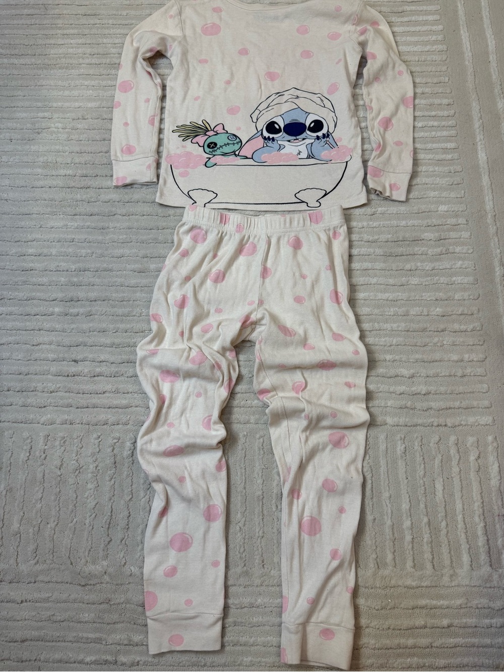 Disney White and Pink Polka Dot Stitch Bathtub Pajama Set Girls size 10